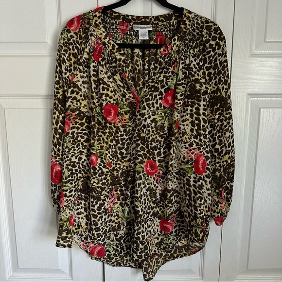 Rebecca Malone Womens Floral Animal Print Smocked Top Sz 1X Career Corpcore Boho - Picture 1 of 8